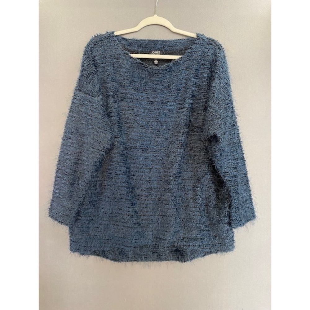 Jones New York Women XL Eyelash Knit Fuzzy Sweater Slate Blue Oversized Pullover